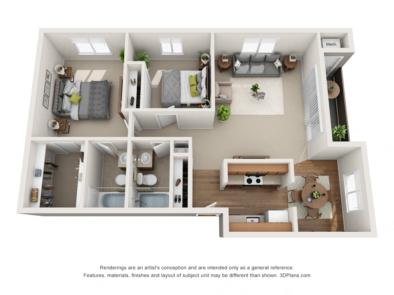 Floor plan for 2 beds, 2 baths, 1070 sqft